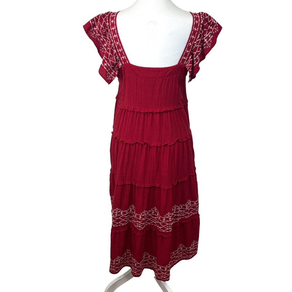 Knox Rose Womens Red Embroidered‎ Tiered Midi Dress Sz M Prairie Boho Cottage - Picture 5 of 10